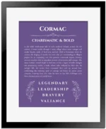Cormac custom name art showing meaning and origin in purple with black matte frame