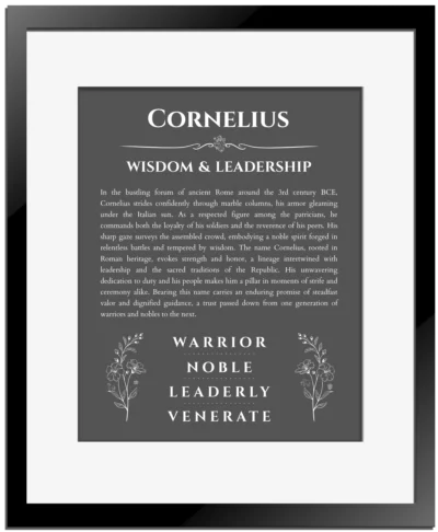 Cornelius personalized name meaning print in gray with black matte frame