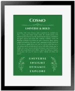 Cosmo personalized wall art with the story of your name in dark green with black matte frame