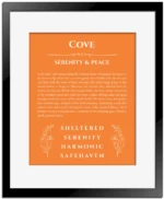 Cove personalized name art with origin story in orange with black matte frame