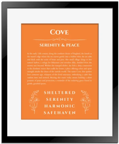 Cove personalized name art with origin story in orange with black matte frame