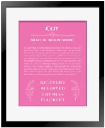 Coy name meaning wall art by Get Your Story in pink with black matte frame