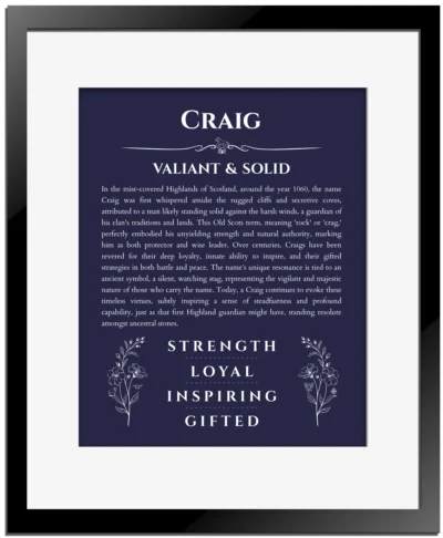 Craig personalized wall art with the story of your name in navy blue with black matte frame