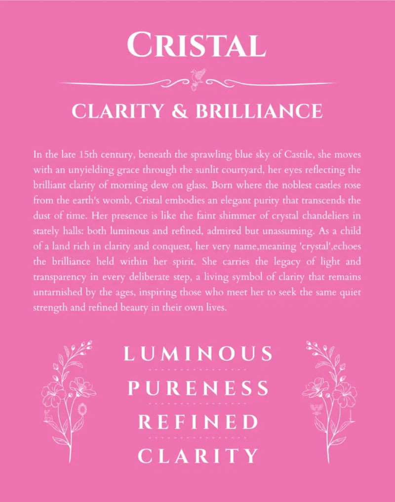 Cristal name origin print with meaning and traits in pink