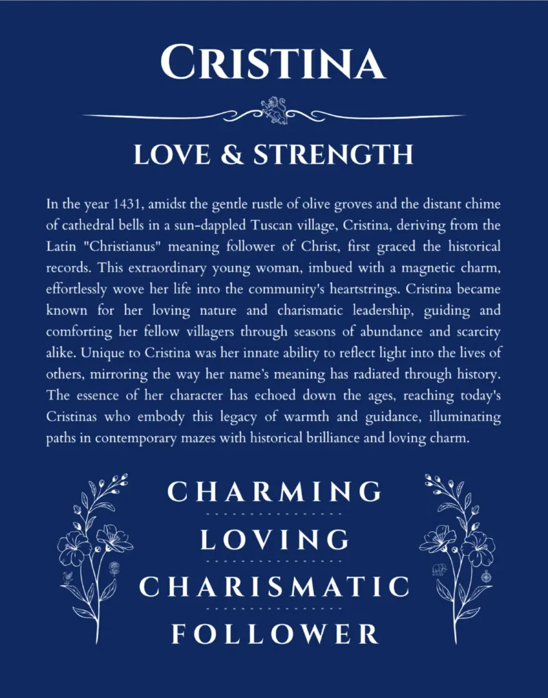 Cristina custom name art showing meaning and origin in deep blue