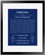 Cristina custom name art showing meaning and origin in deep blue with black matte frame