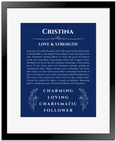 Cristina custom name art showing meaning and origin in deep blue with black matte frame