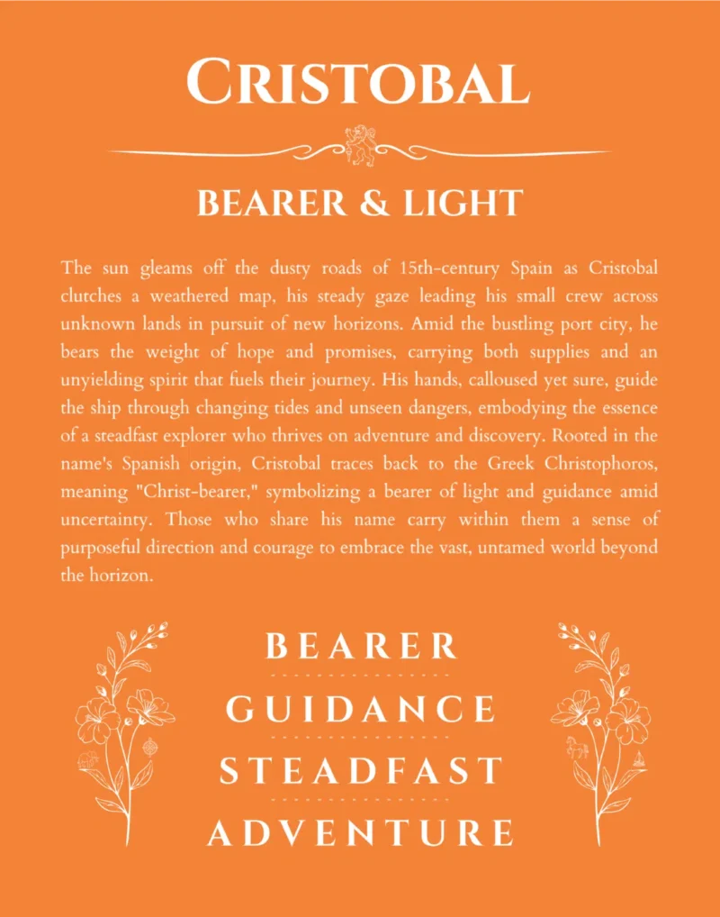 Cristobal custom name art showing meaning and origin in orange