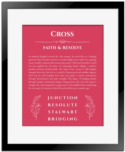 Cross personalized name art with origin story in red with black matte frame
