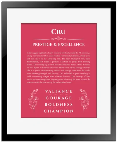 Cru personalized name meaning print in red with black matte frame