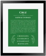 Cruz personalized name print with origin and traits in dark green with black matte frame