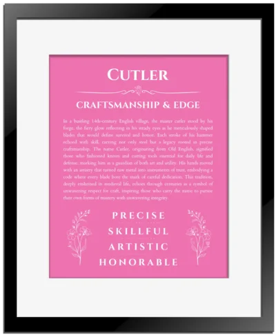 Cutler name meaning wall art by Get Your Story in pink with black matte frame