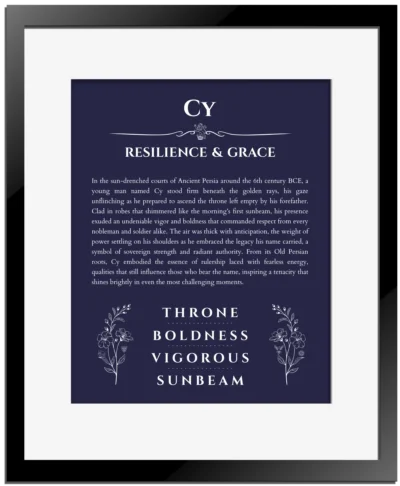 Cy name meaning wall art by Get Your Story in navy blue with black matte frame