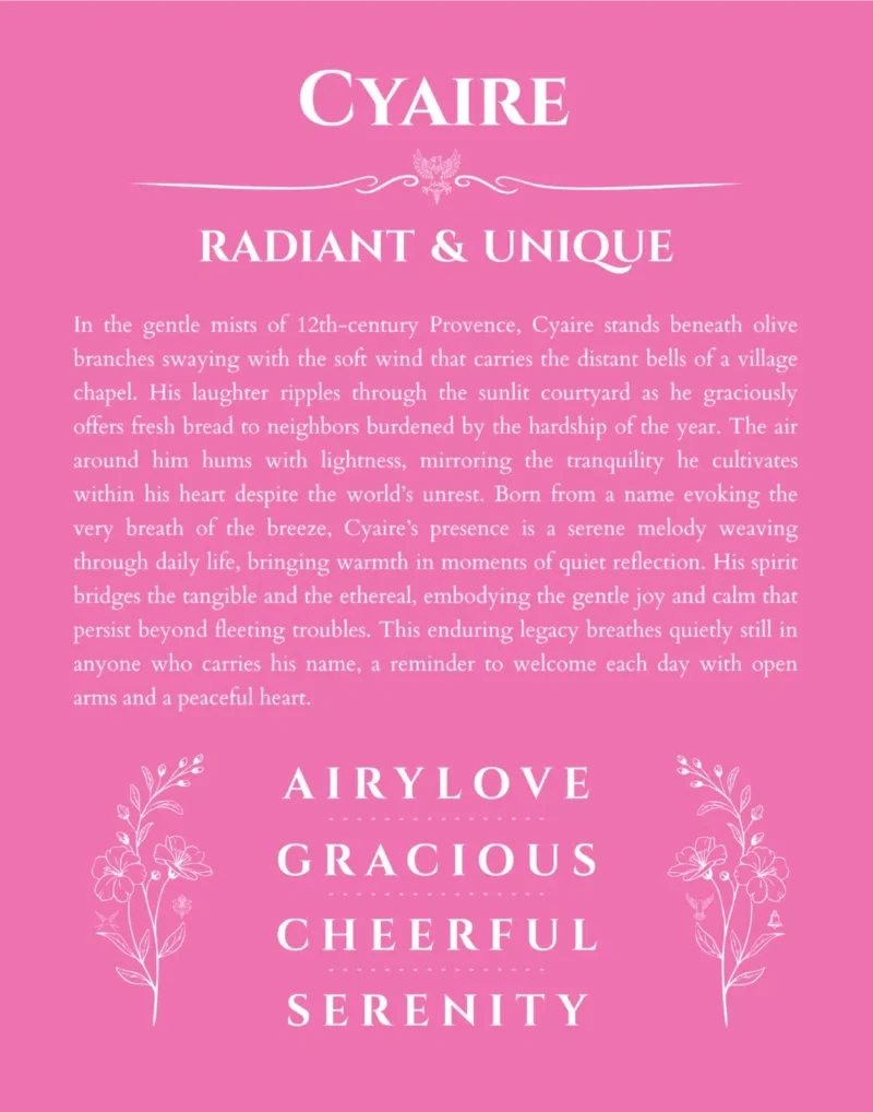 Cyaire name origin print with meaning and traits in pink