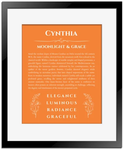 Cynthia custom name print for wall display in orange with black matte frame