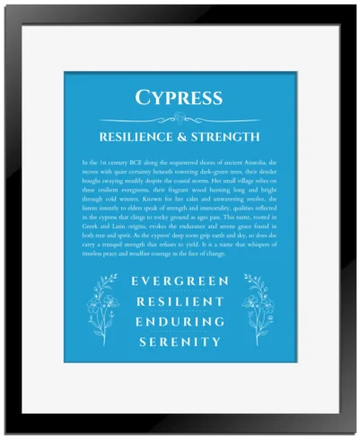 Cypress personalized name meaning print in blue with black matte frame