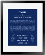 Cyril custom name print for wall display in deep blue with black matte frame