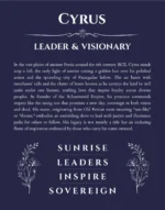 Cyrus custom name art showing meaning and origin in navy blue