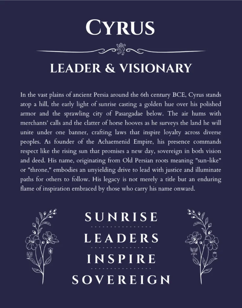 Cyrus custom name art showing meaning and origin in navy blue