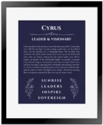Cyrus custom name art showing meaning and origin in navy blue with black matte frame