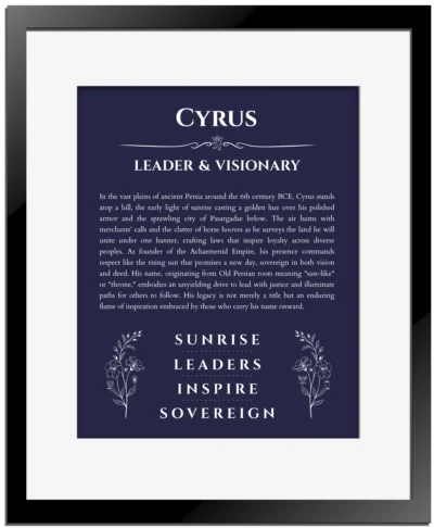 Cyrus custom name art showing meaning and origin in navy blue with black matte frame