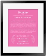 Daelyn personalized name print with origin and traits in pink with black matte frame