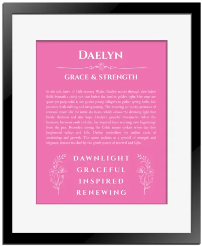 Daelyn personalized name print with origin and traits in pink with black matte frame