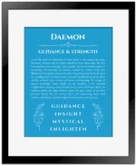 Daemon personalized name art with origin story in blue with black matte frame