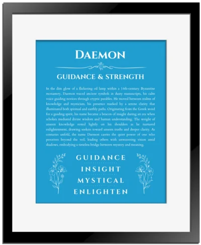 Daemon personalized name art with origin story in blue with black matte frame