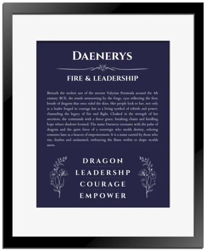 Daenerys name meaning gift print in navy blue with black matte frame