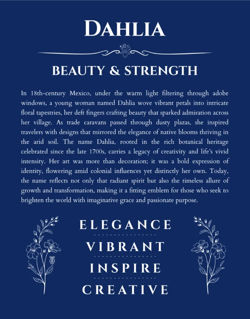 Dahlia personalized wall art with the story of your name in deep blue