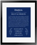 Dahlia personalized wall art with the story of your name in deep blue with black matte frame