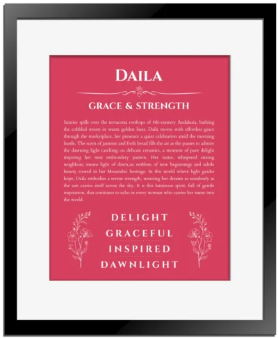Daila personalized name meaning print in red with black matte frame