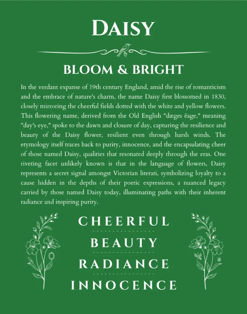 Daisy personalized name print with origin and traits in dark green