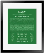 Daisy personalized name print with origin and traits in dark green with black matte frame