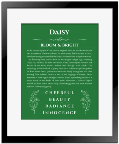 Daisy personalized name print with origin and traits in dark green with black matte frame