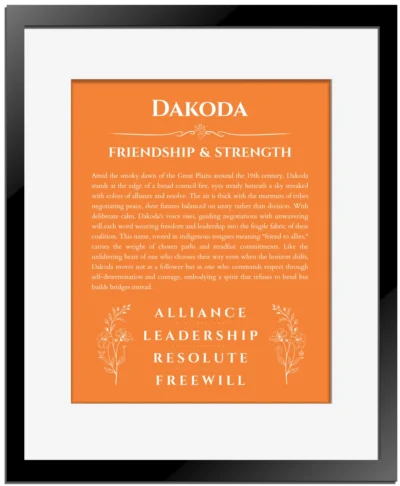 Dakoda custom name print for wall display in orange with black matte frame