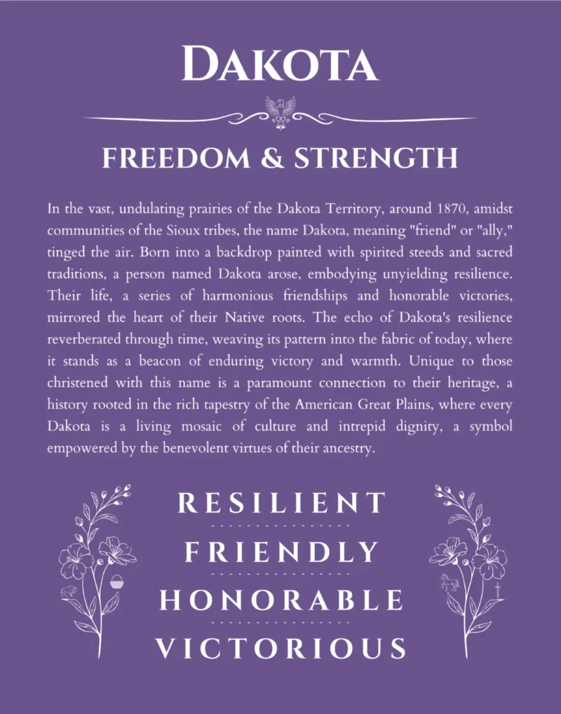 Dakota custom name art showing meaning and origin in purple