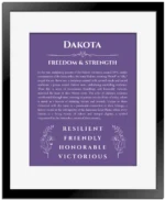 Dakota custom name art showing meaning and origin in purple with black matte frame