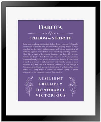 Dakota custom name art showing meaning and origin in purple with black matte frame