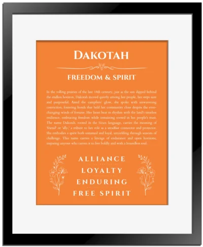 Dakotah personalized name meaning print in orange with black matte frame