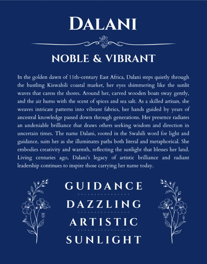 Dalani personalized name art with origin story in deep blue