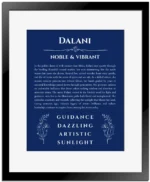 Dalani personalized name art with origin story in deep blue with black matte frame