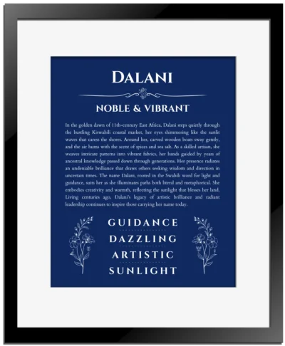 Dalani personalized name art with origin story in deep blue with black matte frame