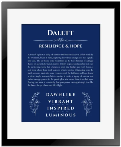 Dalett personalized name art with origin story in deep blue with black matte frame