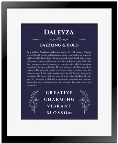 Daleyza personalized wall art with the story of your name in navy blue with black matte frame
