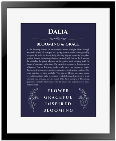 Dalia custom name print for wall display in navy blue with black matte frame