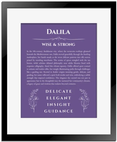 Dalila custom name meaning print in purple with black matte frame