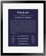 Dalilah personalized name print with origin and traits in navy blue with black matte frame