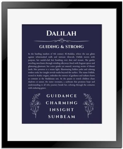 Dalilah personalized name print with origin and traits in navy blue with black matte frame